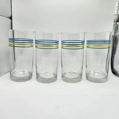 Set Of 4 – Vintage 6″ Striped Tumblers Glasses Blue Green Yellow Teal Stripes
