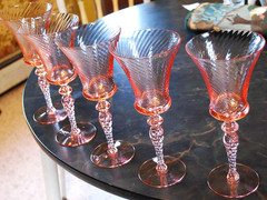 Vtg Set 5 TIFFIN FRANCISCAN Water Goblet Glasses PINK SWIRL OPTIC 8.75″ 15022