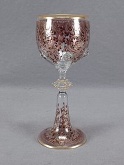Bohemian Harrach Maroon & Gold Scrollwork Hock Wine Roemer Circa 1870-1900