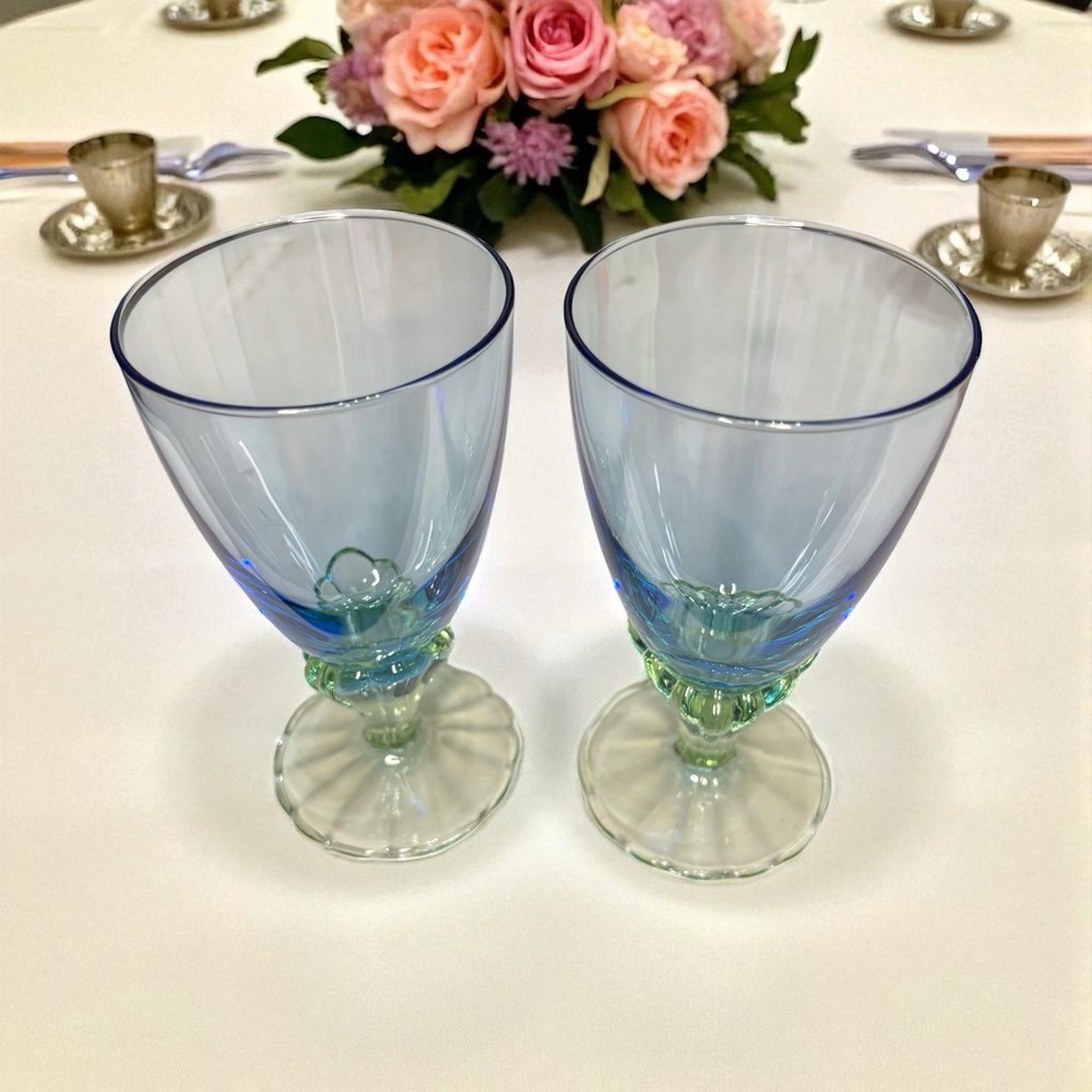 * 2 Italian Bormioli Rocco Bahia Bi Color Goblets Glasses Emerald Green Base &