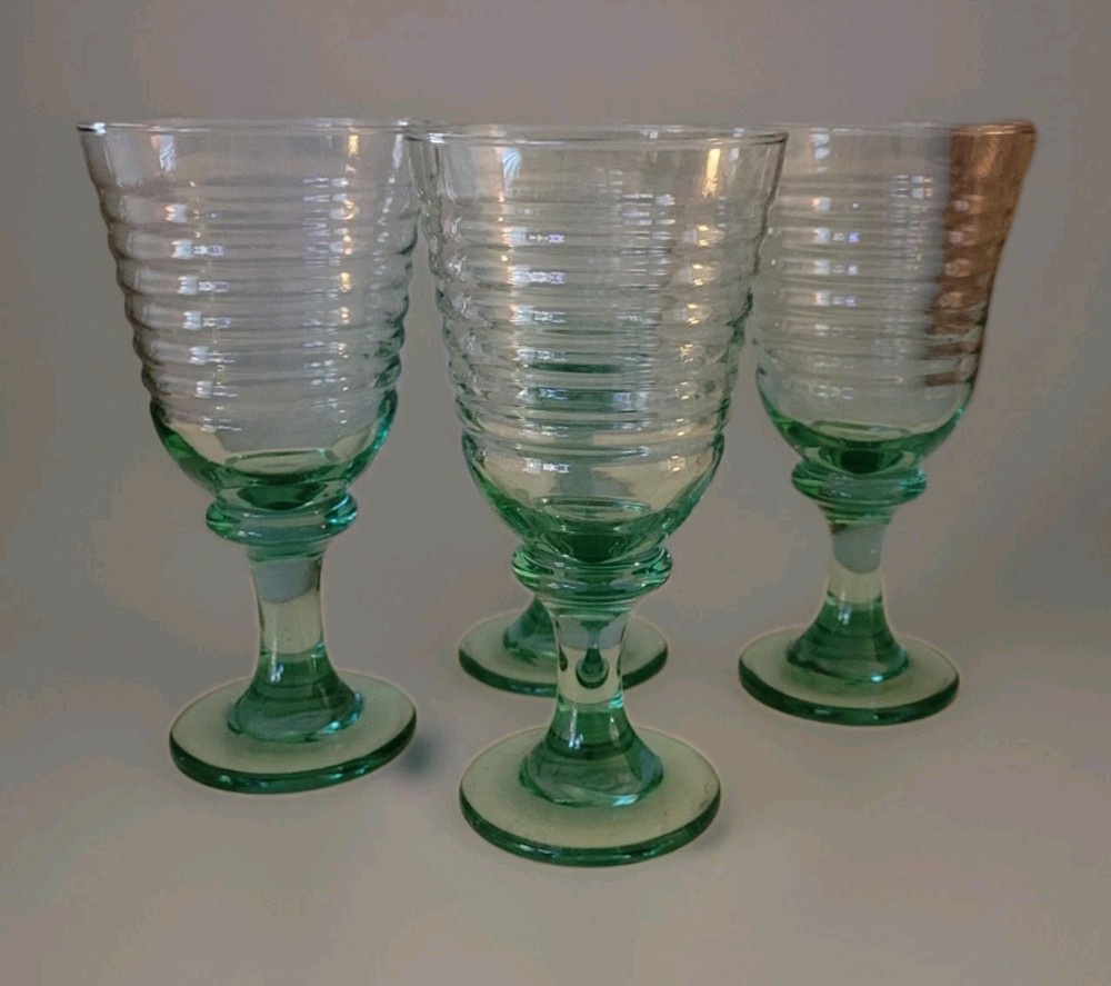 Libbey~Set of 4 Vintage Sirrus Spanish Green Glass Water Goblets Ribbed!