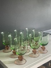 Pfaltzgraff Napoli Green Pink Etched Goblets Wine Glasses Set of 9 Vintage