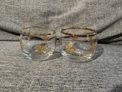 Vintage MCM Set Of 2 Roly Poly Short 4 Leaf Clover Glasses Gold Rim