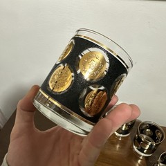 Vintage Libbey Gold Coin Bourbon Glasses Set of 8 w/ Black Raised Texture 8 oz