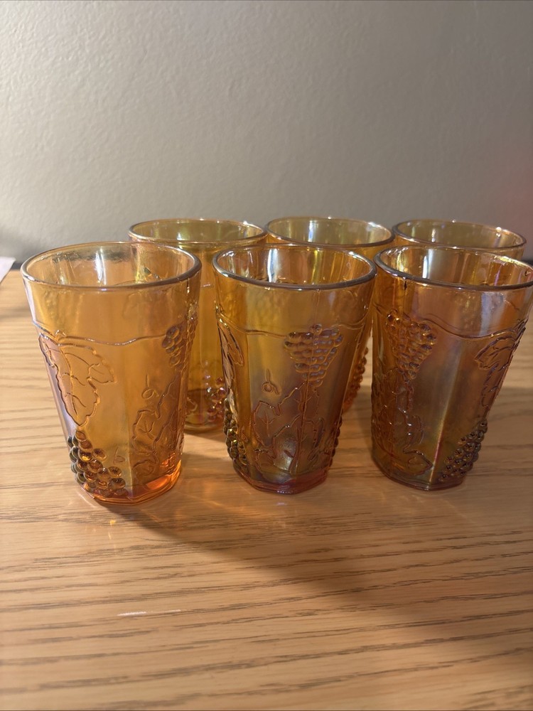 Vintage Indiana Glass Harvest Grape Amber Carnival Glass Juice Glasses (6)