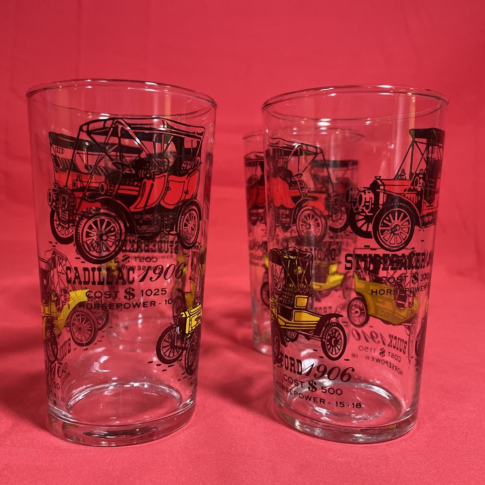 Vintage Libbey 5” Drinking Glasses (4) Antique Car Design Studebaker Cadillac