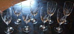 Vintage Set 8 HAND CUT ASIAN BAMBOO STEMS & LEAVES Wine Glasses 5.5″ Hand Blown
