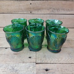 X6 Mosser Dugan Carnival Glass TUMBLERS Beaded Shell Glass Amethyst & Green
