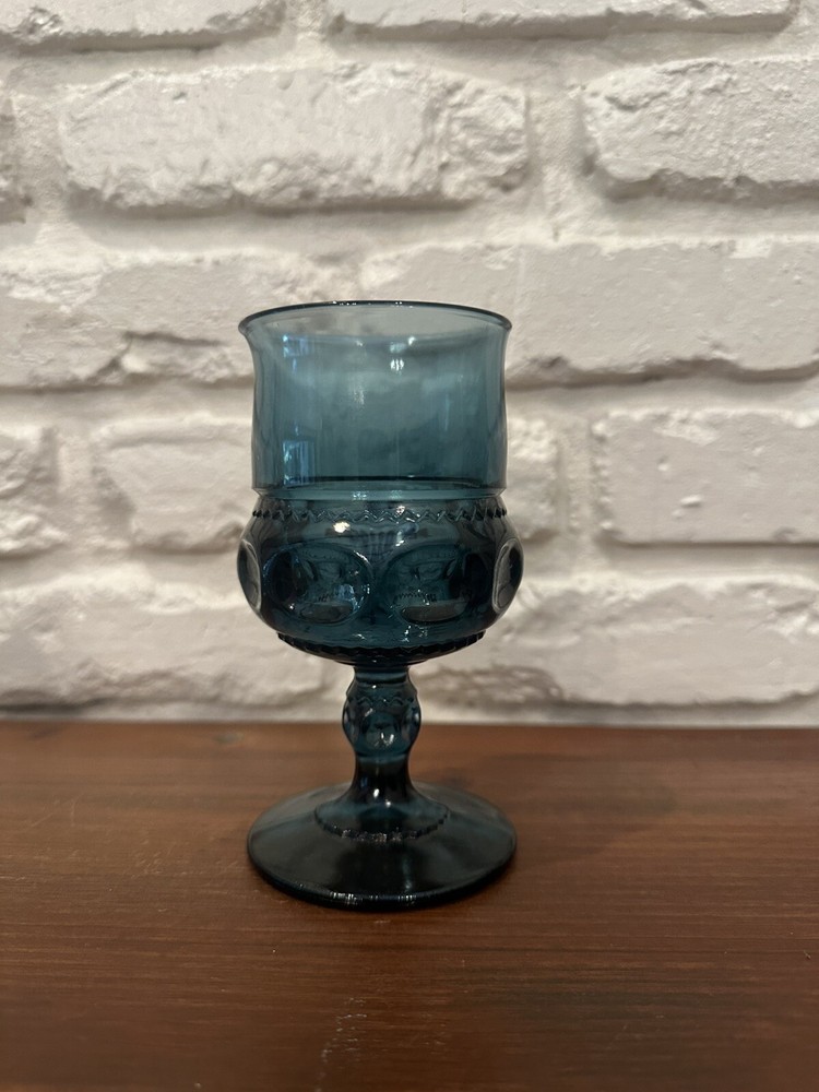 Indiana Glass Teal Kings Crown Thumb Print Goblet Vintage