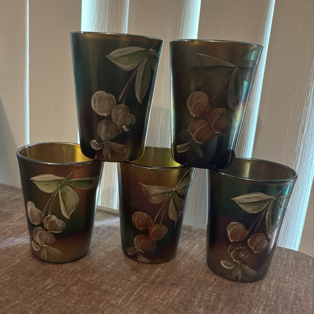 5-Piece Iridescent Carnival Glass Tumbler Set, With Hand Painted Cherries