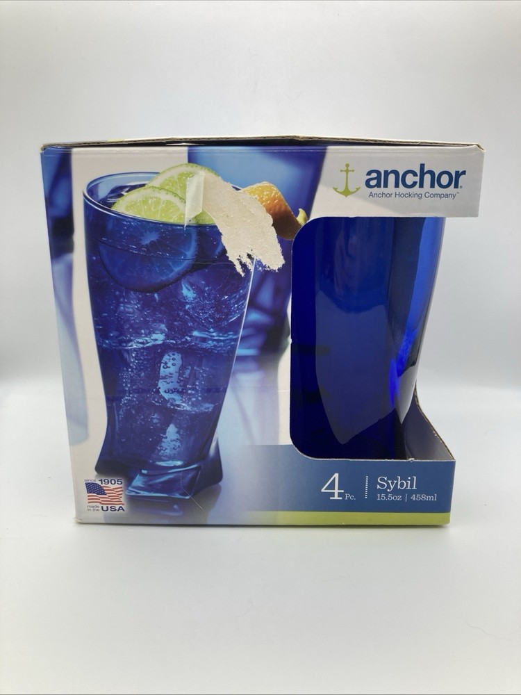 New Set of 4 Anchor Hocking Sybil Cobalt Blue Twisted Hexagon Base Glasses 15oz