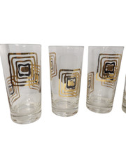 MCM Midcentury Black Gold Atomic Squares Highball Glasses Barware 16 oz Set of 6