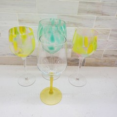 Yellow Green Wine Glasses Variety Set of 4 Mouth Blown Glasses 9 & 10 inches