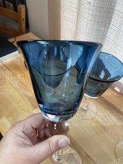 ARTLAND Sapphire Blue Water Goblet Glass Flared Clear Stem Hand Blown Set Of 4