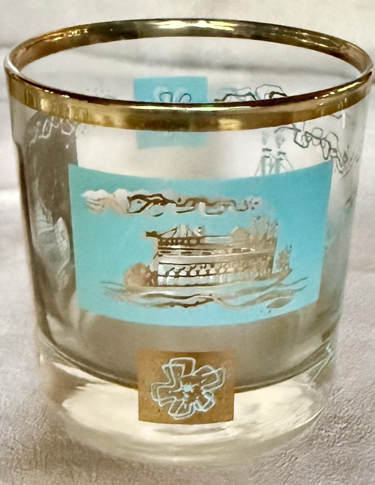 1 Vintage MCM Libbey Steamboat Whiskey Low Ball Glass Turquoise Gold