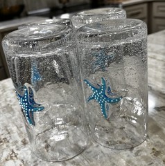 Set Of 4 HandBlown Bullicante Glass Highball Tumblers 6” Applied Starfish Disc