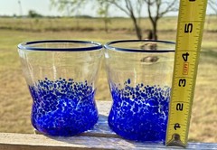 2 Vintage Block Basic Blown Art Glasses Dark Blue Speckled. MCM Beautiful 4”