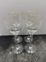Set of 4 Lenox UNITY Wine Glasses 7-1/2″ USA Gold Trim Twist Stem 3″ Width