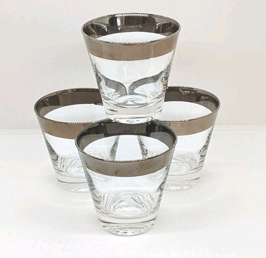 Vtg MCM Set 4Dorothy Thorpe style Low Ball Glasses Silver Band Mod Retro
