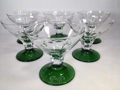 Six MCM Clear Tulip Etched Crystal Bowls W/Green Base Champagne Martini Glasses