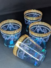 Set of 4 VTG Blue Italian Old Fashioned Tumblers Gold Rim Lorren Home