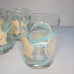 Culver Double Old Fasioned Rocks Glass Set Of 4 Pastel Floral Hibiscus vtg