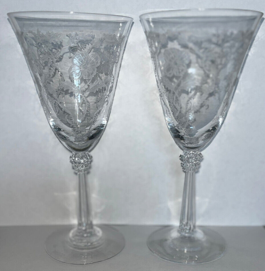 2 Vintage Floral Etched 9-Ounce Crystal 7 1/4″ Tall Water Goblet