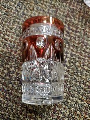 Vintage 5.5″ Indiana Glass Egg & Dart, Thumbprint Ruby Red Juice Glasses MCM