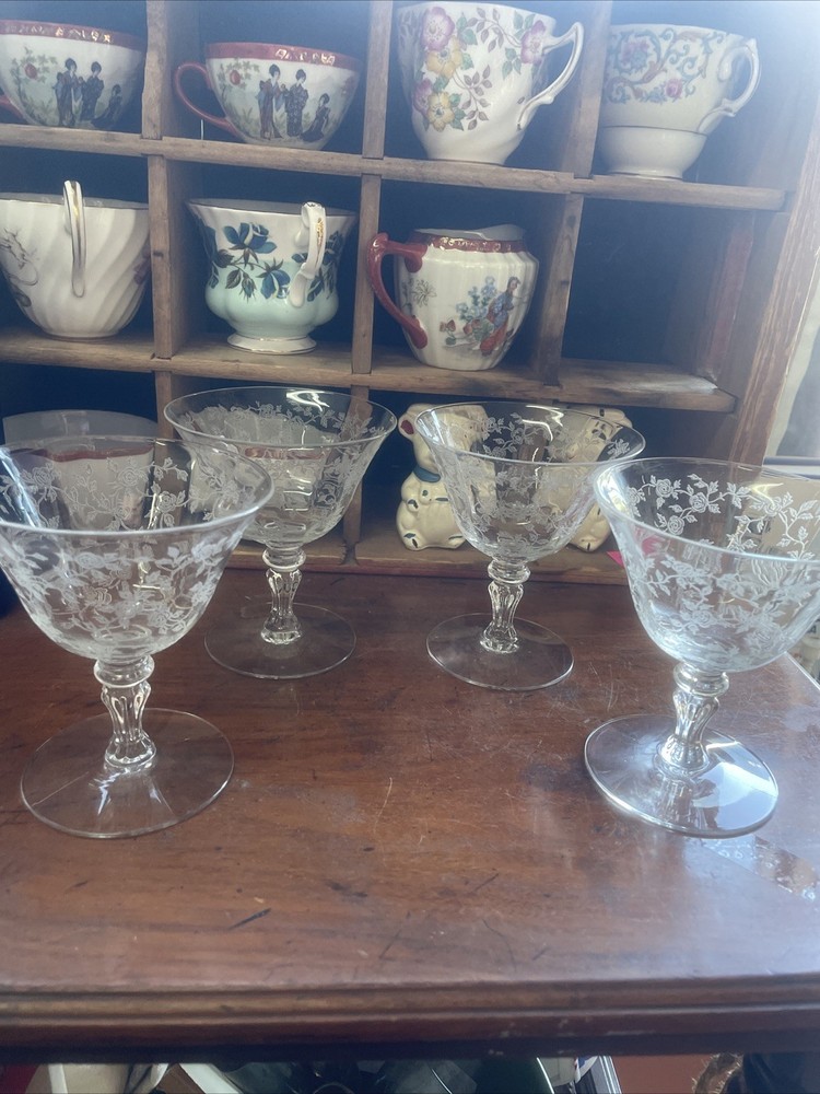 Tiffin Optic Rose Etched Crystal Champagne Sherbet Cerice Glass Goblet Stems 4