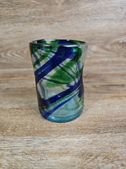 Handblown Glass Tumbler Vase Green Blue Swirl 4.95″ Tall 3″ Diameter