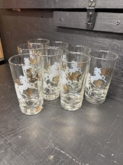 8 Vintage MCM Libbey Clear Glass 5.25” Tumblers With Gold & White Accents