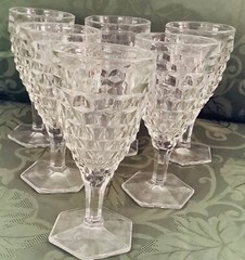 (6) Vintage Fostoria American Hex Footed Stemmed Wine Glasses 6.75”, 10 oz