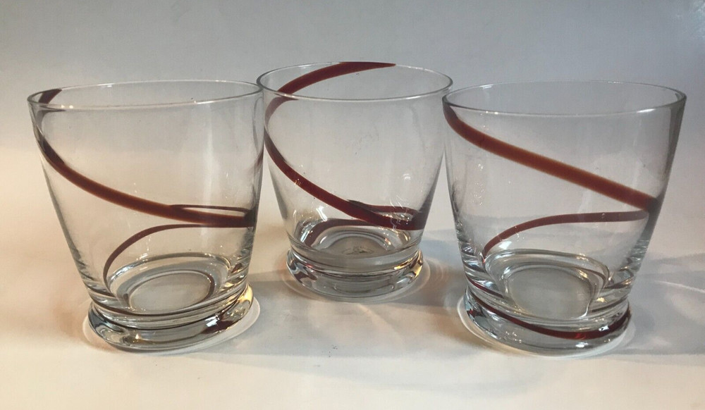 1 SOURCE INC. ~ HAND BLOWN ~ RED SWIRLINE OLD FASHION GLASS SET OF 3 ~ 4 Oz.