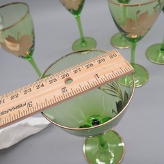 6 Green Romanian 22k Gold hand painted Floral Wine Goblets 6 1/2″ VTG MCM