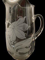 VIN 1950’s Etched Floral Pitcher and 4 Floral Tumblers Libbey Etched Glass