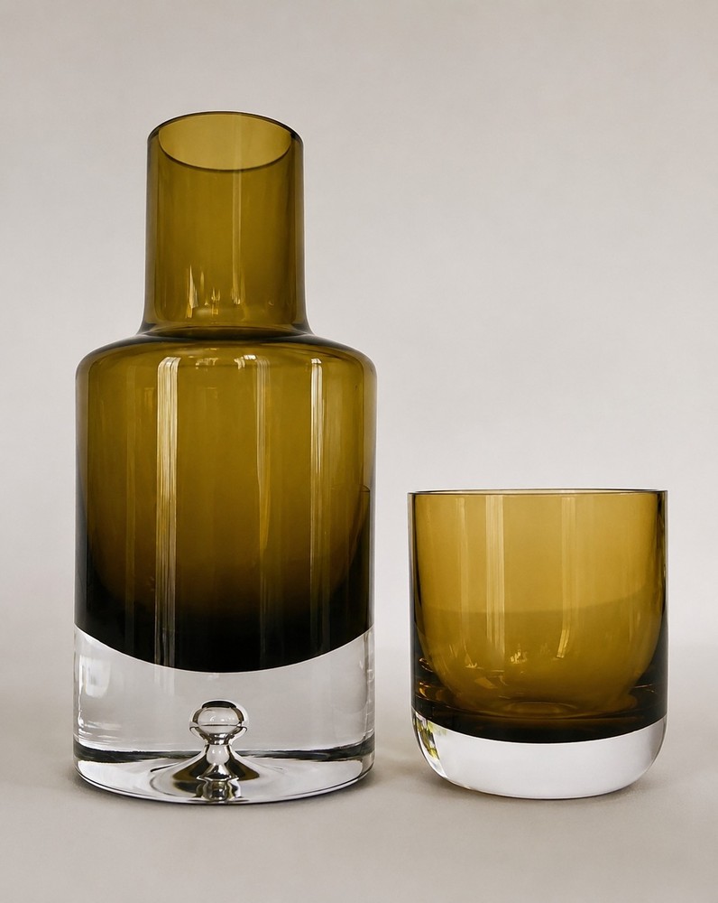 Krosno Poland Olive Amber Art Glass Decanter Tumbler Set Controlled Bubble