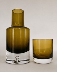 Krosno Poland Olive Amber Art Glass Decanter Tumbler Set Controlled Bubble