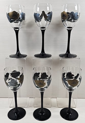 6) Luminarc Arcoroc Julie Wine Glass Set Vintage Floral Black Stemware Retro Lot