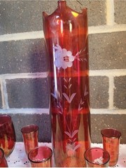 Vintage Etched Cranberry Set Of Tall Pitcher Roly Poly Style And 4 Cocktail Set