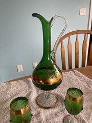 Vintage Rare emerald green And Gold glass decanter Set
