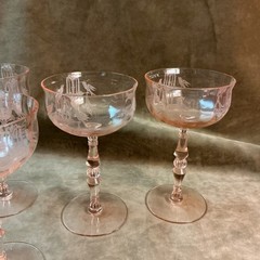 1930s Tiffin glass pink FONTAINE fountain bird etched sherbet/champagne Stems