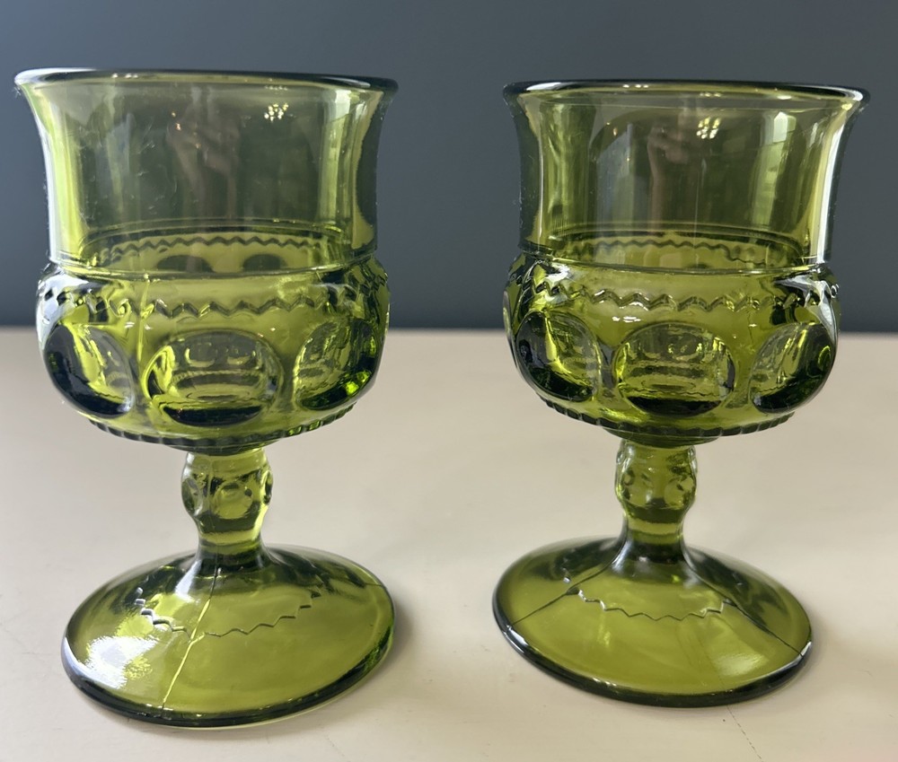 Indiana Glass Kings Crown Thumbprint Green Juice Cordial Goblet Set of 2