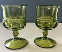 Indiana Glass Kings Crown Thumbprint Green Juice Cordial Goblet Set of 2