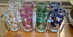 Vintage SET of 8 Fred Press MCM Floral Multicolor Highball Glasses with tray