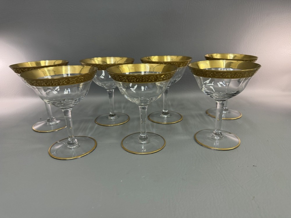 7 Tiffin Franciscan Rambler Rose 4 1/2 x 3 Stems Gold Rim Optic Sherbet Wine ?