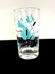 1960s Glass SWAN CATTAIL AQUA BLUE Clear Glasses Tumblers- Set of 4 – 5.25″H MCM