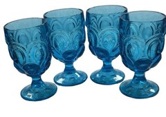 LE Smith Moon & Stars Blue Water Goblets Set of 4 Vintage 5 7/8″ Glasses