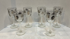 6 Vtg MCM Silver Rim Stemmed Frosted Wine Glasses Metallic Leaf Goblet 7.25″