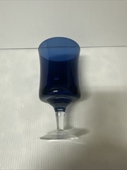 Vintage Cobalt Blue Hand Blown Goblet Wine Glass Clear Stem Weighted Base 6.5″