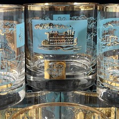8 ~VTG MCM Libbey’s Old Fashioned Steamboat Glasses Teal Gold Southern Comfort